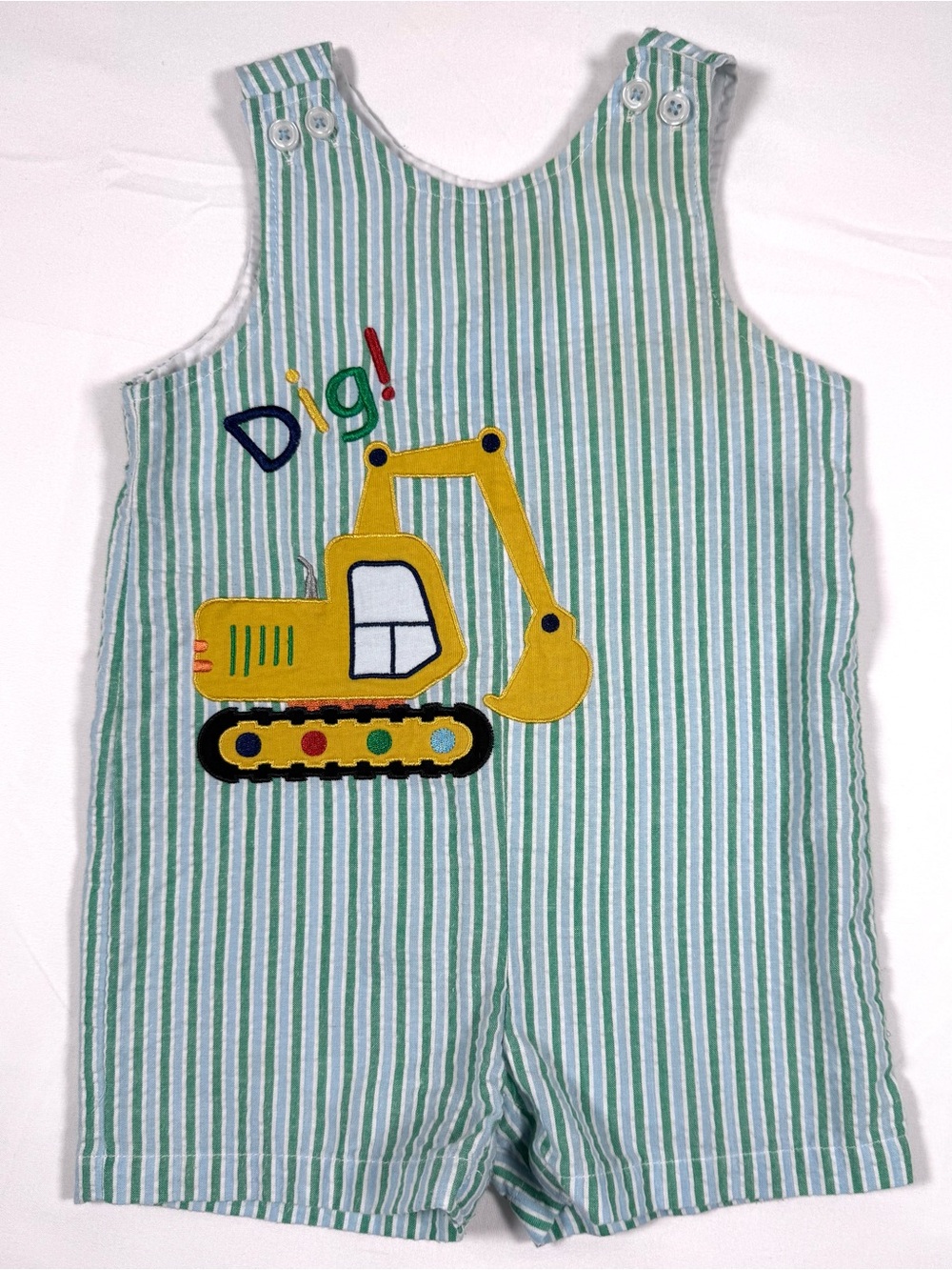 GOODLAD Boy Excavator Seersucker Shortall Romper 18M Construction Preppy Jon Jon